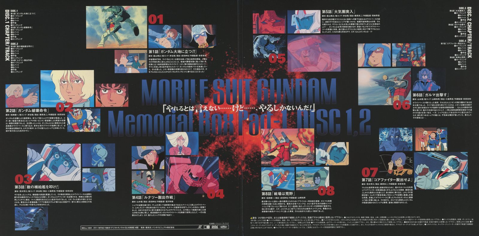Part 1 Disc 1-2 gatefold back. Scene montage for episodes 1-8 with frame captures indexed by episode number. Center quote: 「見てろよ、ガンダムの力を…こいつの性能を活かせるのは僕だけなんだ!!」— Amuro's declaration of ownership over the Gundam.