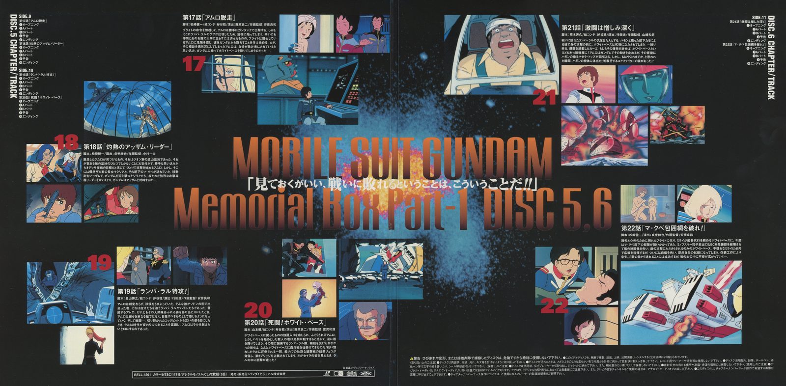 Part 1 Disc 5-6 gatefold back. Scene montage for episodes 17-22 — the Jaburo arc, Amuro's desertion, the White Base's launch back into space. Bright Noa quote at center.