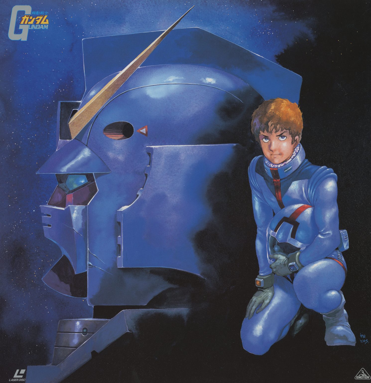 Part 1 inner lid. Amuro Ray seated before the RX-78-2 Gundam head — painted in deep blue, contemplative, a pilot who hasn't yet understood what the war will cost. The portrait mirrors the booklet cover.