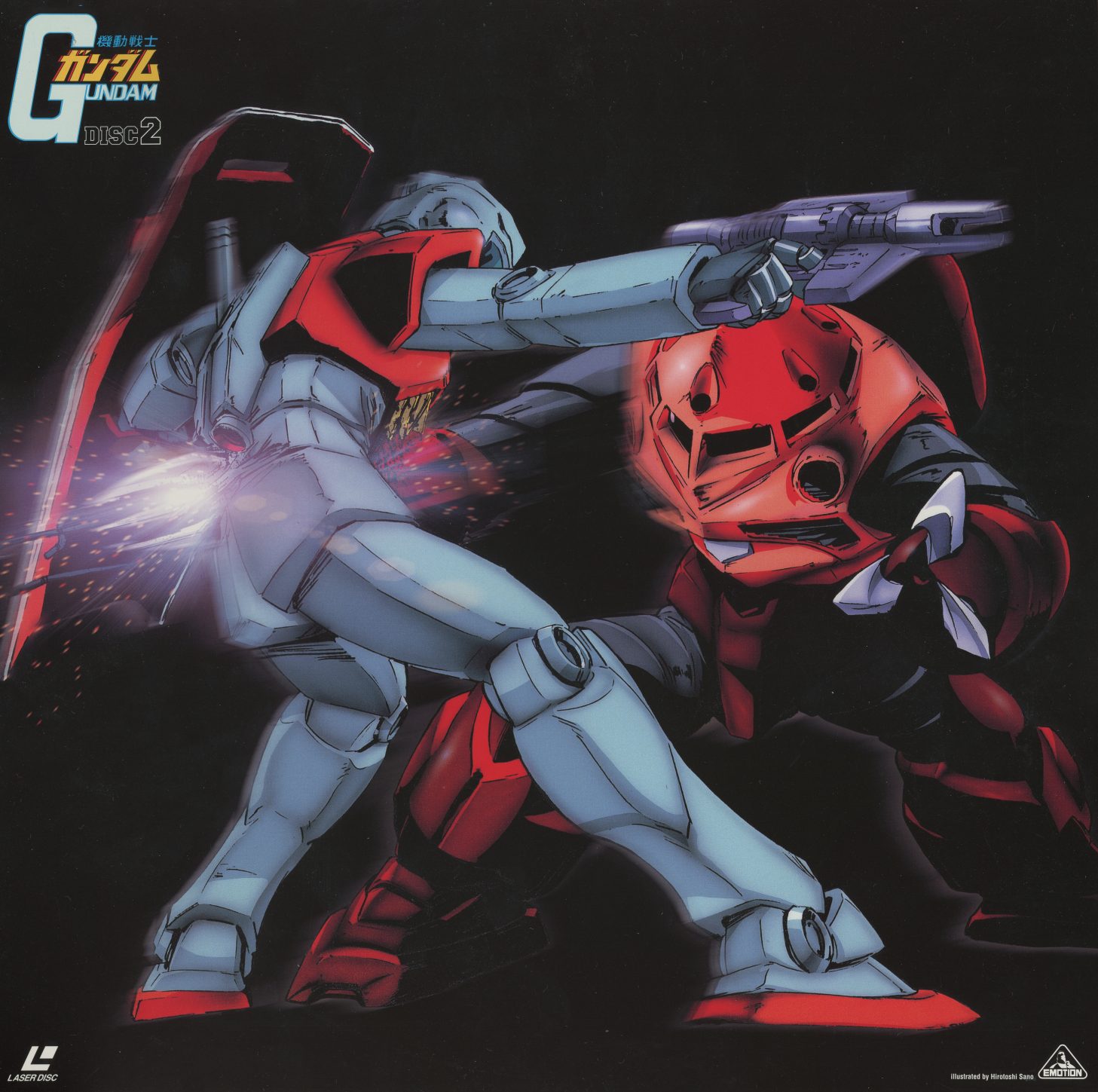 Part 2 Disc 2. RX-78-2 grappling a red mobile suit at contact range — hand-to-hand mecha combat, the most physically violent composition in the set. Episodes 27-30.
