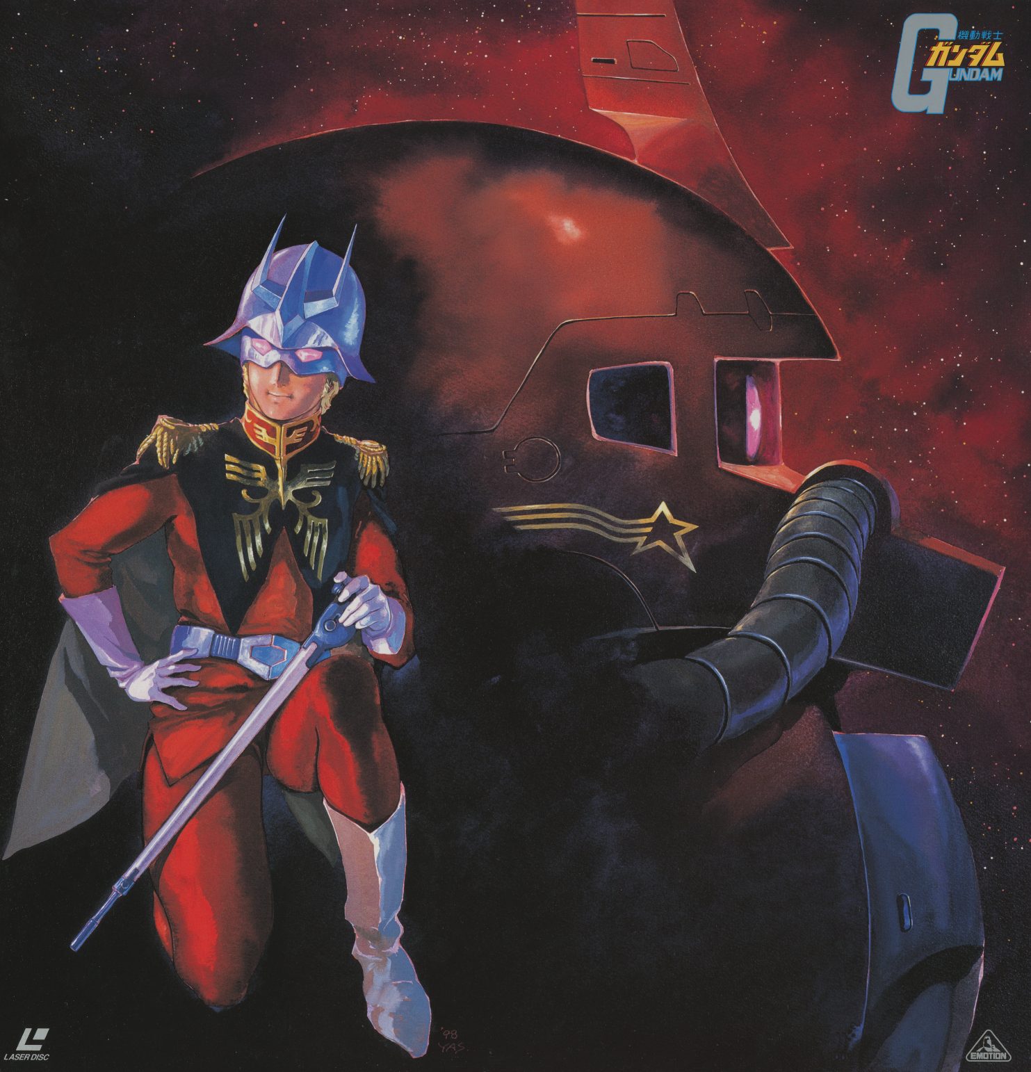 Part 2 inner lid. Char Aznable in full dress uniform, fencing sword in hand, seated before the MS-09R Rick Dom — painted in crimson and black. The Red Comet as aristocrat, not soldier. The compositional mirror of Amuro's Part 1 portrait.