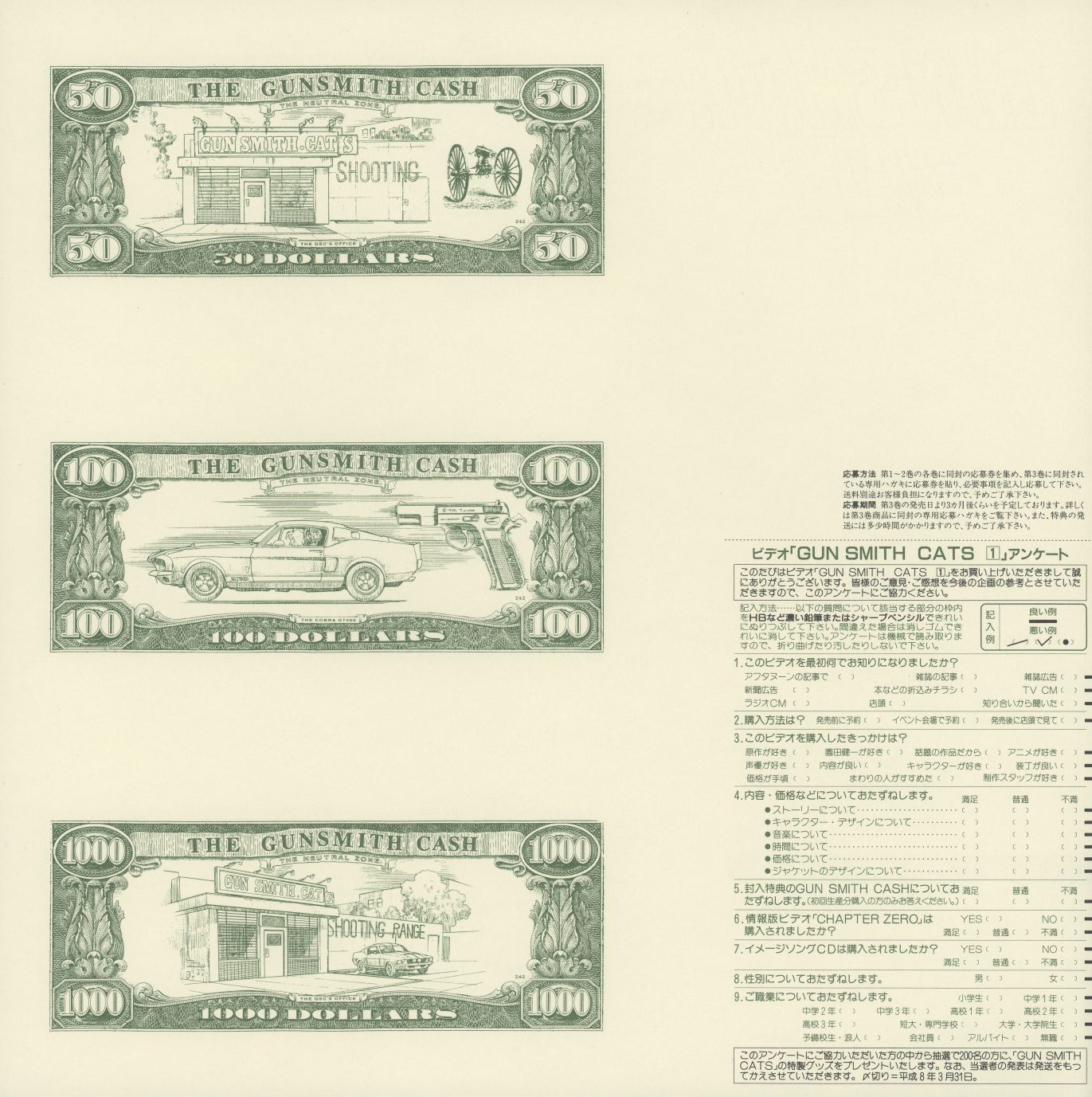 Vol. 1 insert reverse — reader survey and 'Driving License Application' return postcard addressed to Kodansha Multimedia Division. Purchase method, acquisition route, and whether the buyer is also a 'DROPPER ZERO' (the series' ATF contact character) fan.