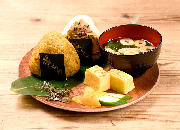 Old Kita Kita Man's Rice Balls — onigiri set with miso soup and character nori