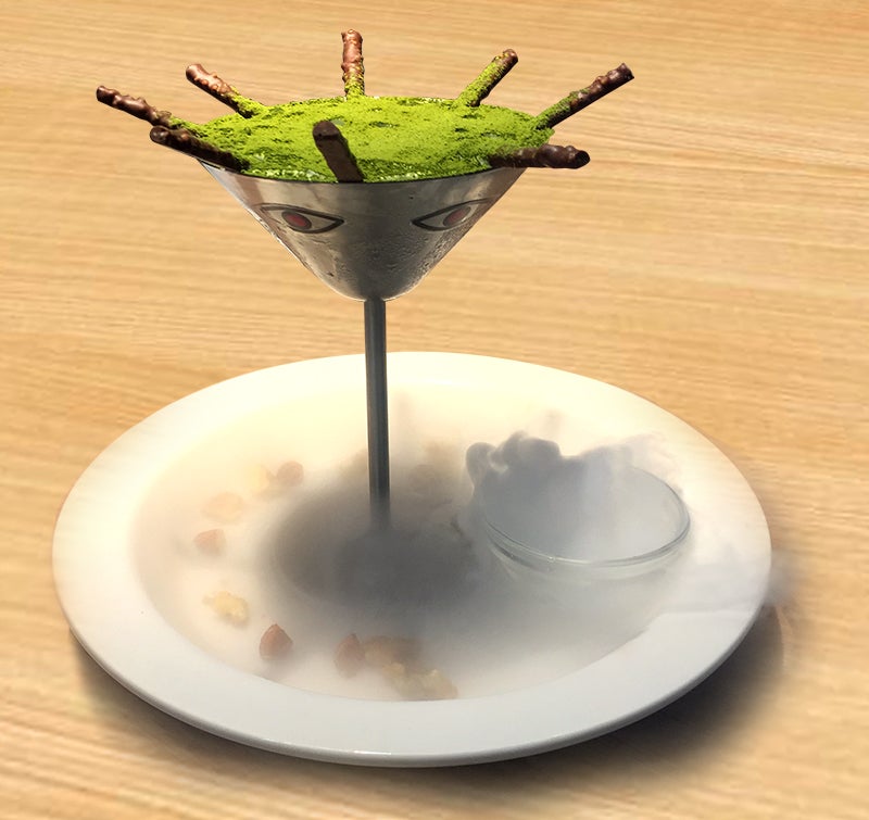 Bemu Bemu dessert — matcha and chocolate in a monster glass with dry ice fog
