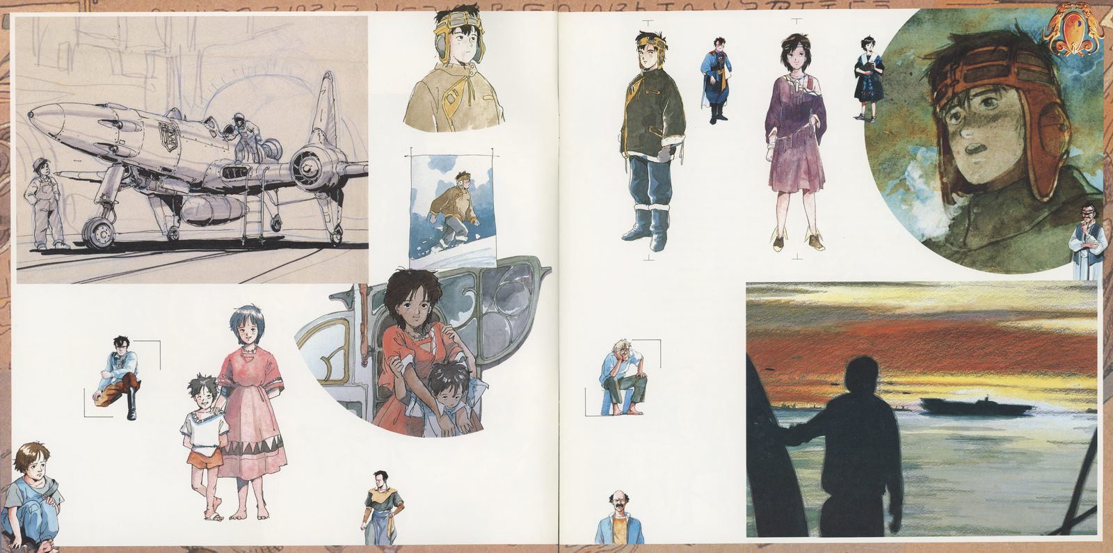 DATA FILE interior — character concept art collage. Watercolor character studies, aircraft renderings, costume designs, and a sunset harbor scene. Production image boards reproduced alongside new illustrations.