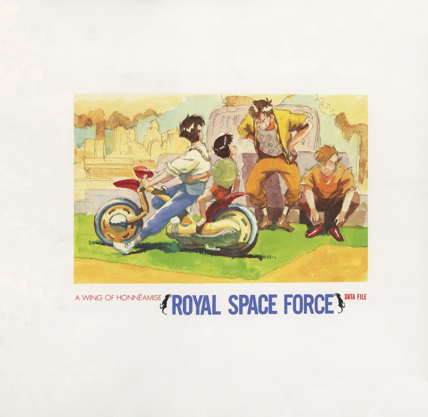 DATA FILE booklet cover. 'A Wing of Honneamise — Royal Space Force: DATA FILE.' Watercolor illustration of the young cast with motorcycles — Sadamoto's characteristic warmth applied to a world he helped build from nothing.
