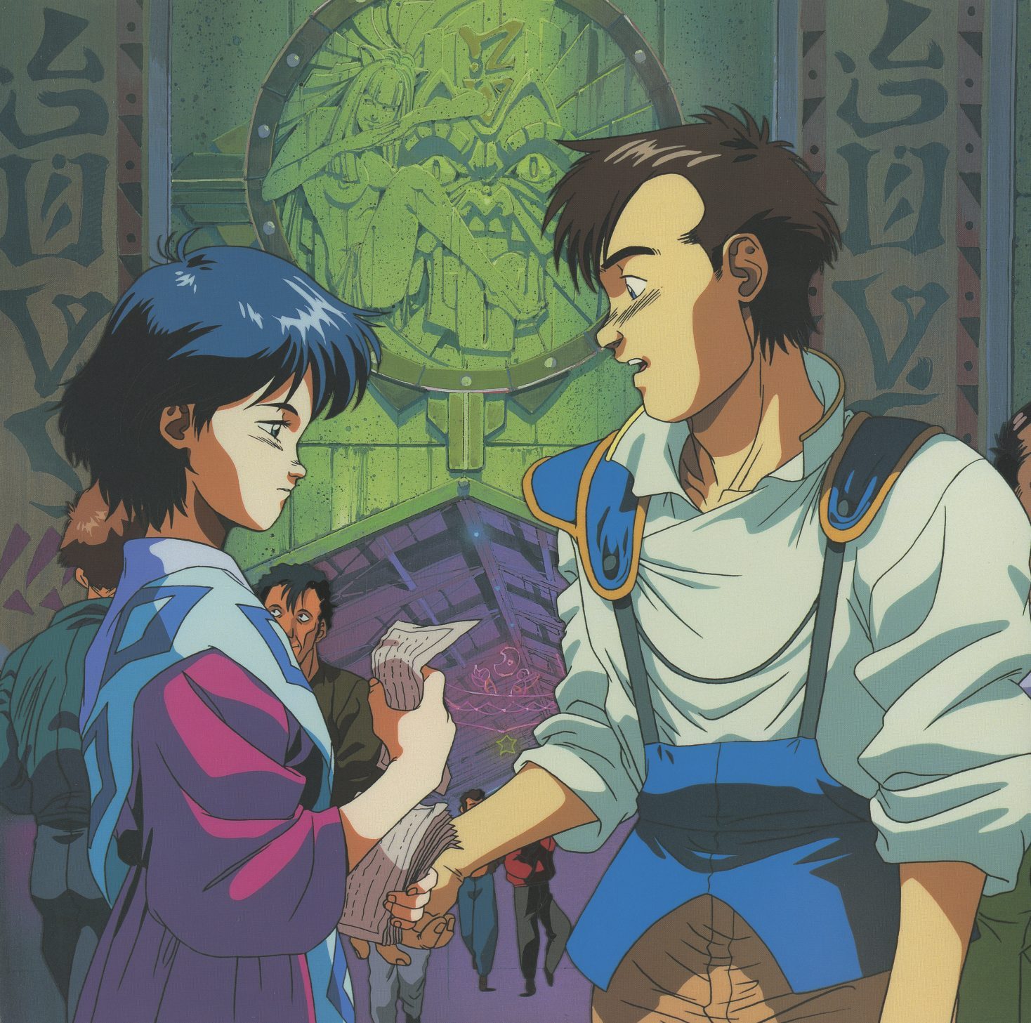 Disc 1 jacket. Shirotsugh and Riquinni meeting in a market, Honneamise script on the walls behind them. Original illustration by the production staff for the LD-BOX.