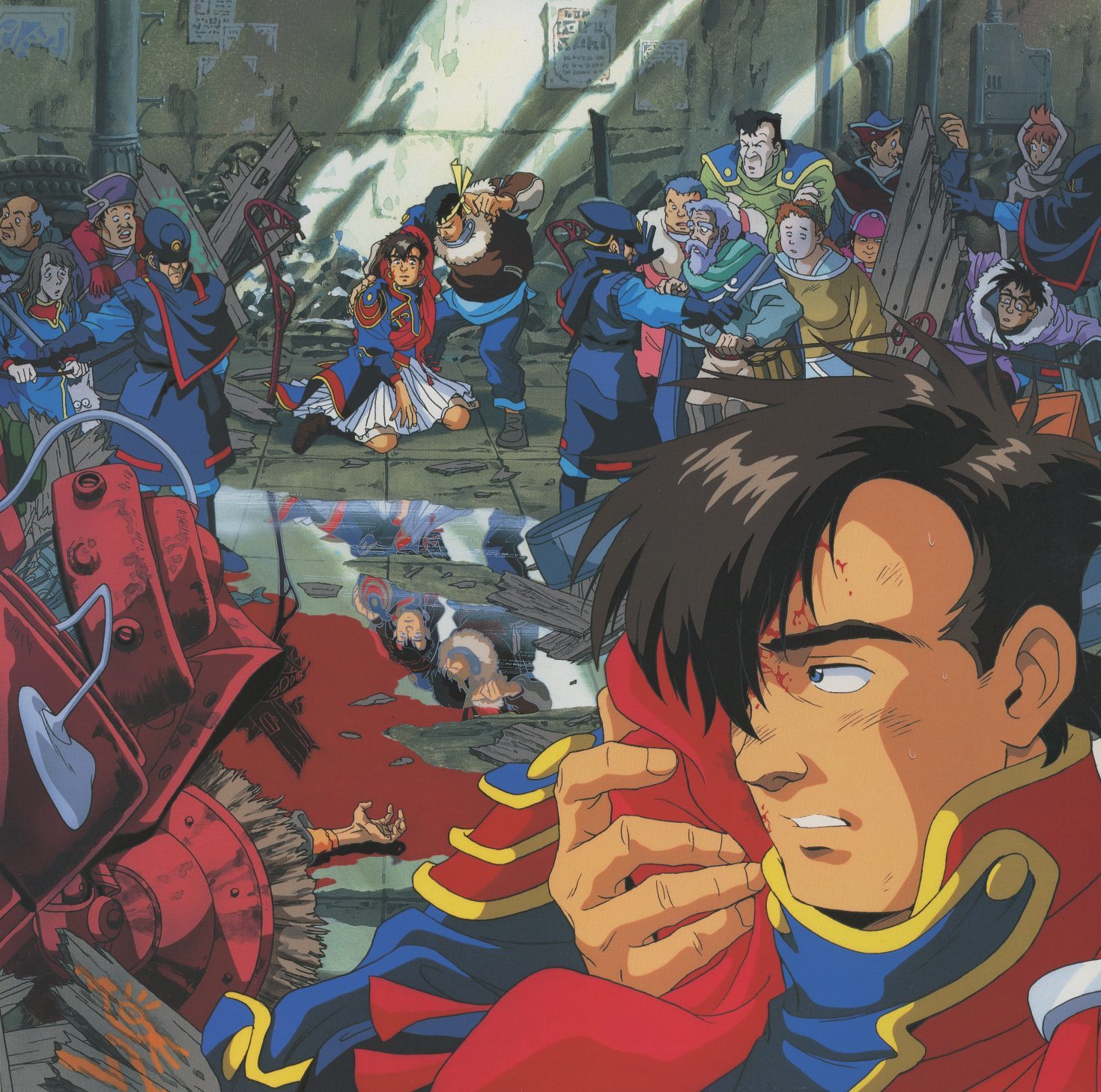 Disc 2 jacket. Shirotsugh in military uniform witnessing street violence — the political reality closing in on the space program. The palette shifts from the market scene's greens to blood and rubble.