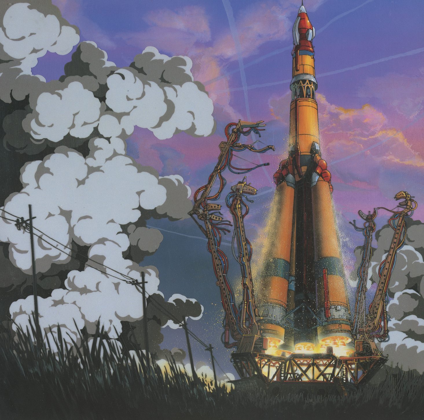 Disc 3 jacket. The launch — the rocket lifting off from the pad, smoke billowing through power lines and grass. The final disc jacket illustrates the film's climactic sequence.