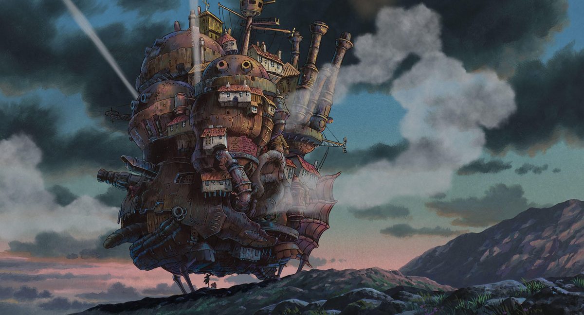 The castle at dusk &mdash; Miyazaki's animation art, smoke billowing from chimneys as the castle walks across mountainous terrain