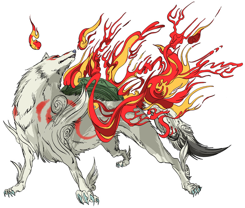 Okami character designs — Amaterasu's painterly mythology required a completely different visual vocabulary from Kamiya's Capcom action work