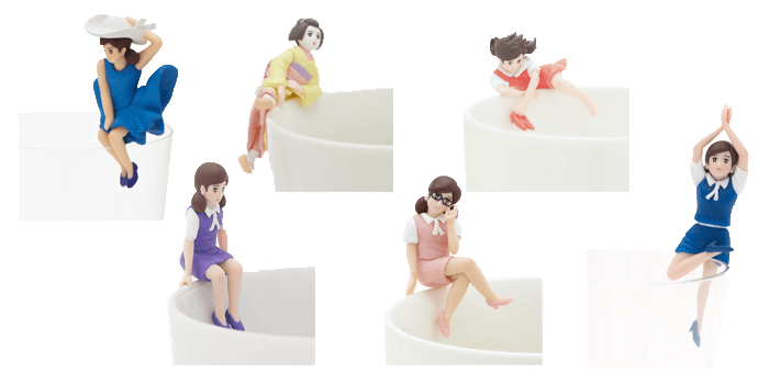 Cup no Fuchiko — multiple acrobatic poses clinging to cup rims. Over 20 million units sold. The character that proved gashapon could be art direction