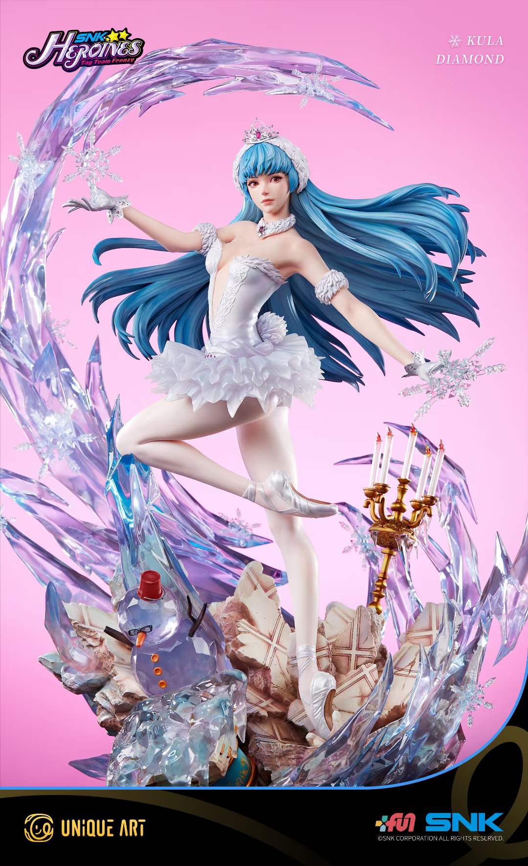Front stance — ballet pose with extended leg, right foot en pointe on ice platform
