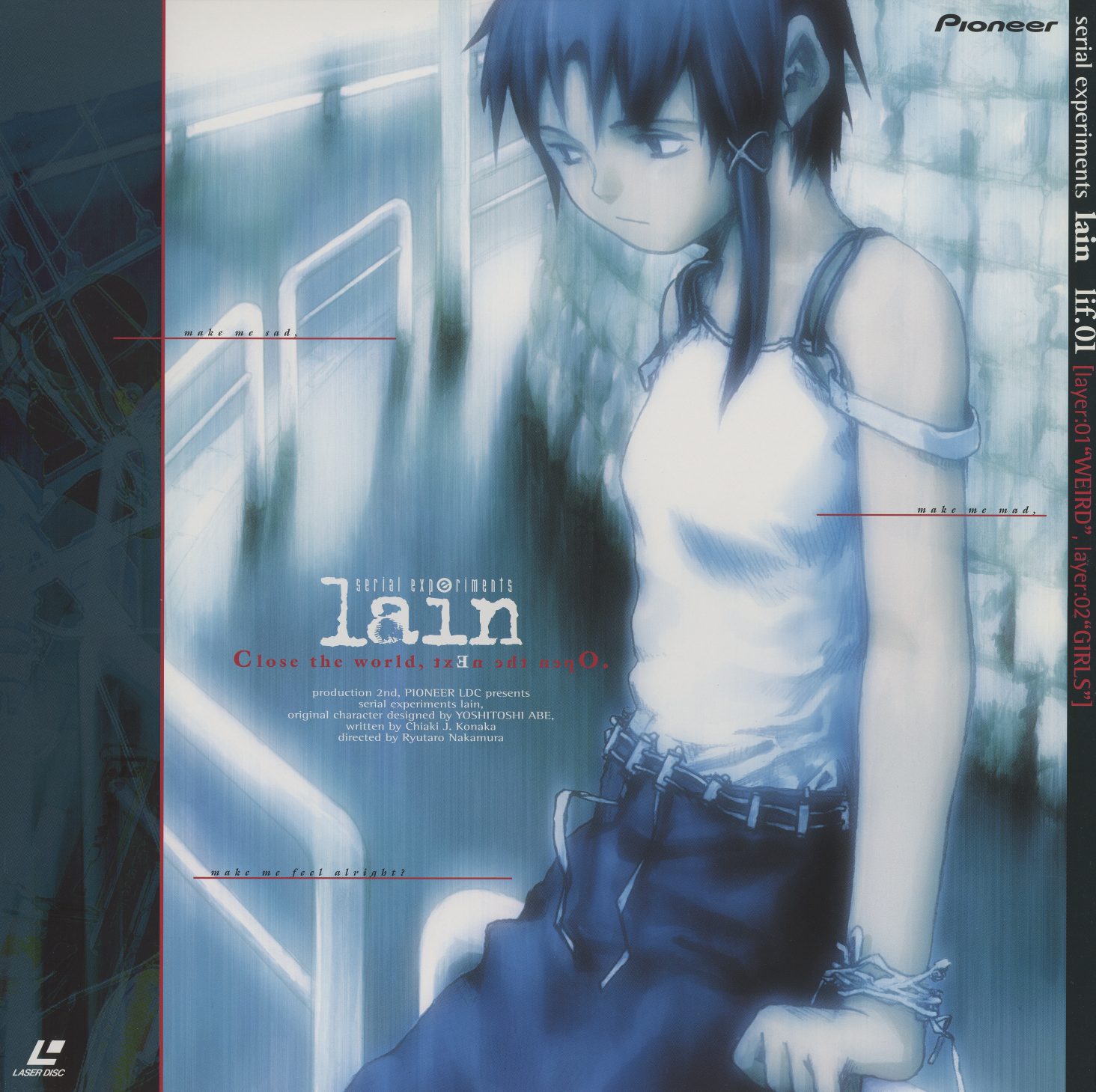 lif:01 inner jacket. A second register — darker Lain with data stream overlay, the same girl refracted through the Wired's visual language. Right spine lists layer titles. The jacket's two faces present two versions of the same character: the suburban schoolgirl on the front, the digital entity on the reverse.