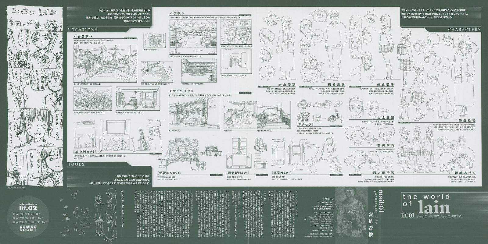 'the world of lain lif:01' — settei fold-out. Three sections: LOCATIONS (Lain's house exterior and interior, suburban streets, school), CHARACTERS (Lain, her family, classmates — full-body model sheets and expression reference), TOOLS (NAVI terminal designs, interface screens). Production design reference reformatted as a 30×60cm consumer insert.