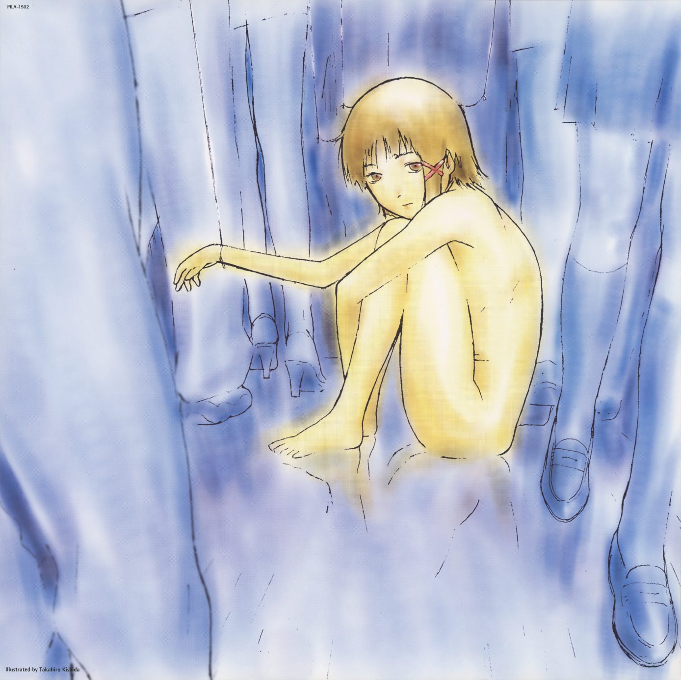 lif:02 gatefold interior. Lain in blue-white watercolor wash — the figure seated, reaching outward, the rendering dissolving into wet pigment at the edges. Illustrated by Takahiro Kishida. The medium itself performs the show's central question: where does the body end and the signal begin?