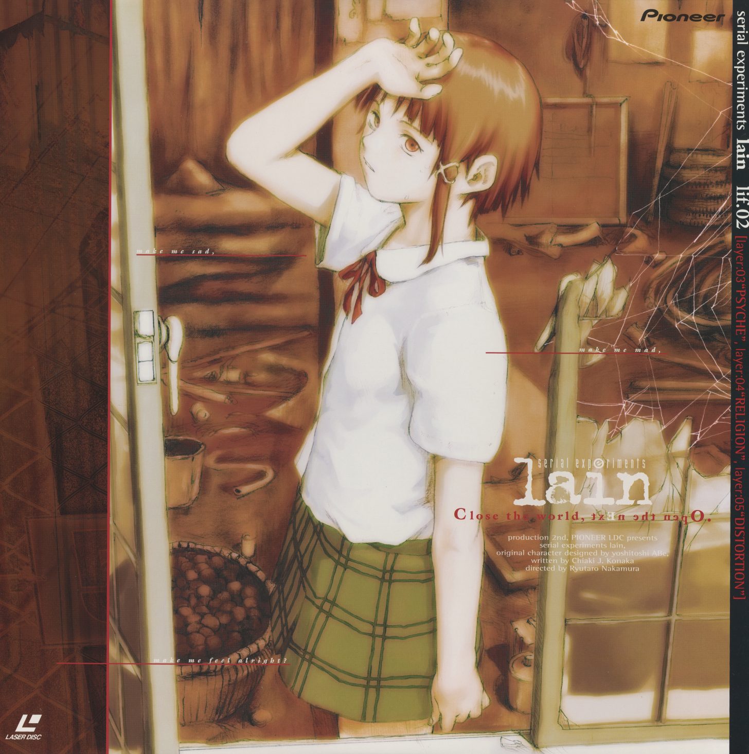 lif:02 jacket front. Sepia and amber — Lain in a warm domestic interior, raising her glasses, school uniform slightly disheveled. The kitchen behind her is rendered with the show's characteristic architectural precision. 'serial experiments lain lif:02.' PILA-1502. Layers 03-05: PSYCHE, RELIGION, DISTORTION.