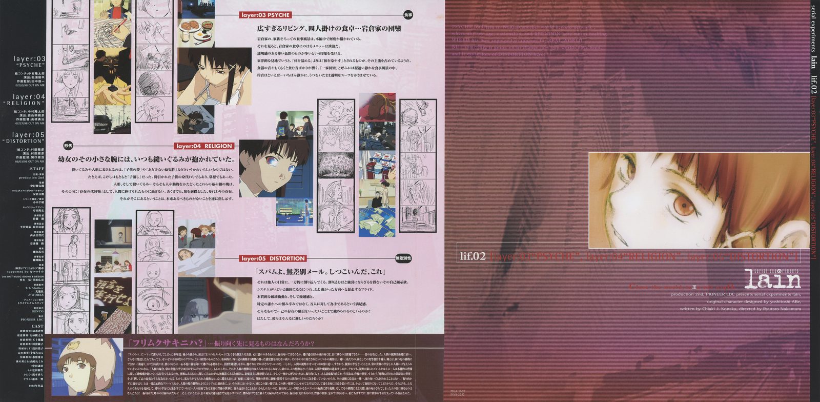 lif:02 liner spread interior. Left page: storyboard reproductions for layers 03 (PSYCHE), 04 (RELIGION), and 05 (DISTORTION) with scene captures and episode commentary. Right page: Lain portrait in the Wired's blue-data visual register, close-up with scan-line overlay. 'lif:02' designation.