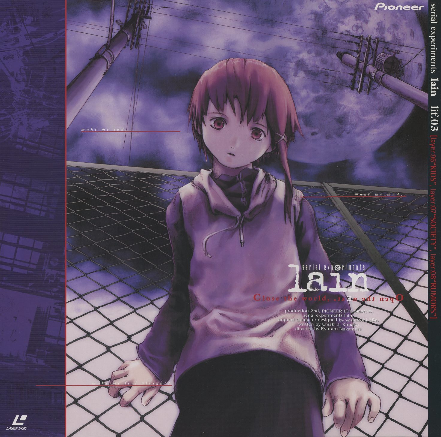 lif:03 jacket front. Violet and steel — Lain in a purple hoodie against chain-link fence, power lines cutting the sky. The utility infrastructure that the show treats as visual metaphor for the Wired's physical substrate. PILA-1503. Layers 06-08: KIDS, SOCIETY, RUMORS.