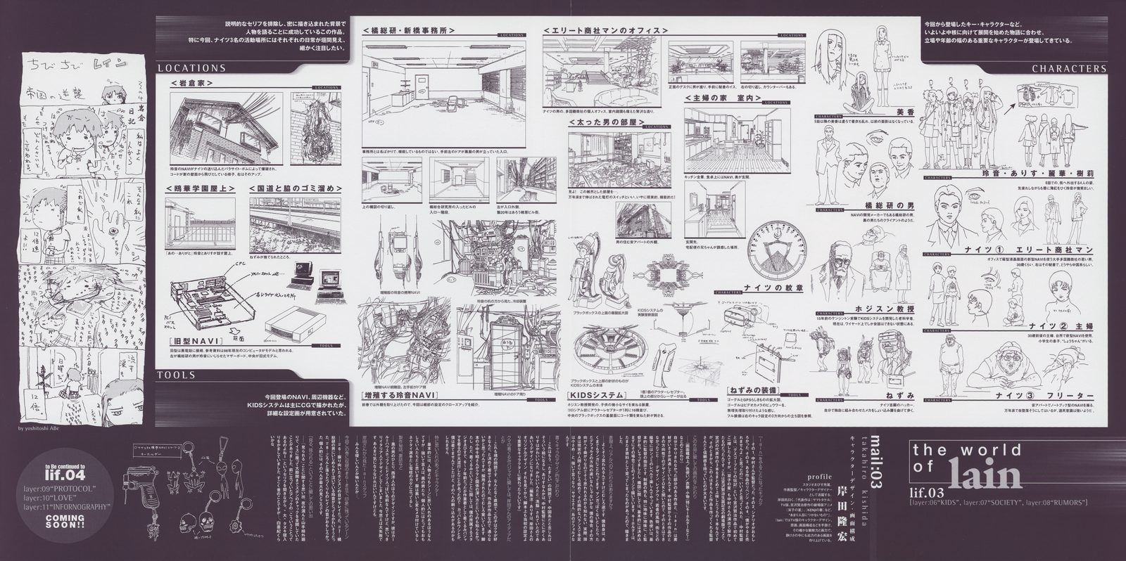 'the world of lain lif:03' — settei fold-out. LOCATIONS adds the Knights' access node architecture and expanded city infrastructure; CHARACTERS documents the Knights and the Eiri Masami avatar; TOOLS covers the Schumann Resonance NAVI modifications. Printed in indigo-violet tone, matching the lif:03 jacket palette.