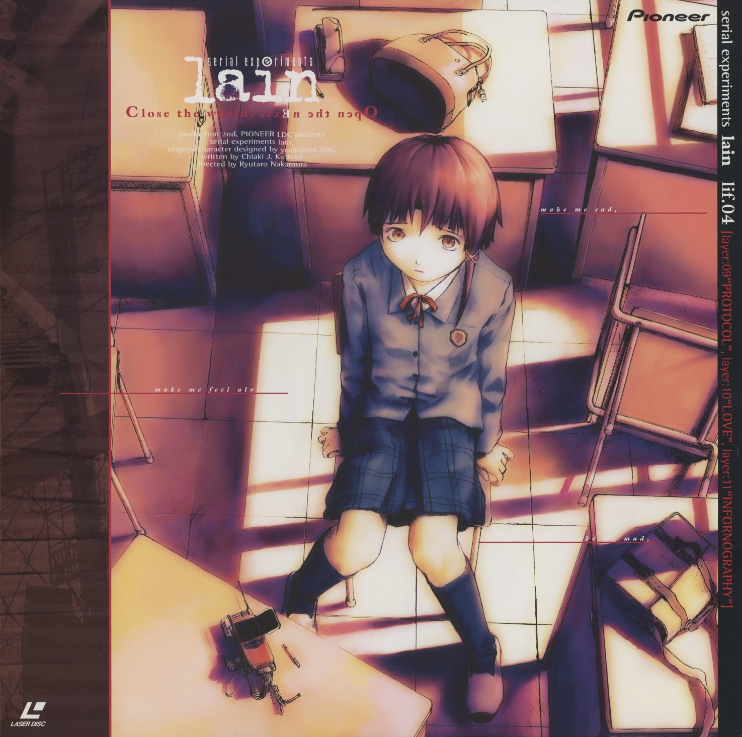 lif:04 jacket front. Amber and shadow — Lain in school uniform sitting on a classroom floor among overturned chairs. The institutional space has collapsed. 'make me sad... make me feel alive...' printed across the image as interface text. PILA-1504. Layers 09-11: PROTOCOL, LOVE, INFORNOGRAPHY.