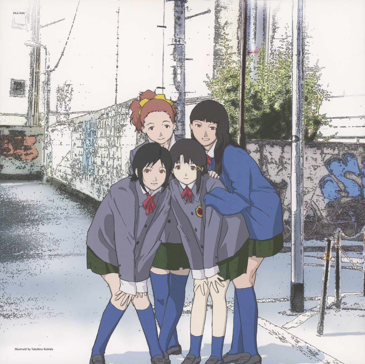 lif:05 gatefold interior. Lain and her three school friends — Arisu, Juri, Reika — standing together on a suburban street with graffiti walls and overgrown weeds. Illustrated by Takahiro Kishida. The only gatefold that shows Lain with other people. The final volume's image is the one the show takes away.