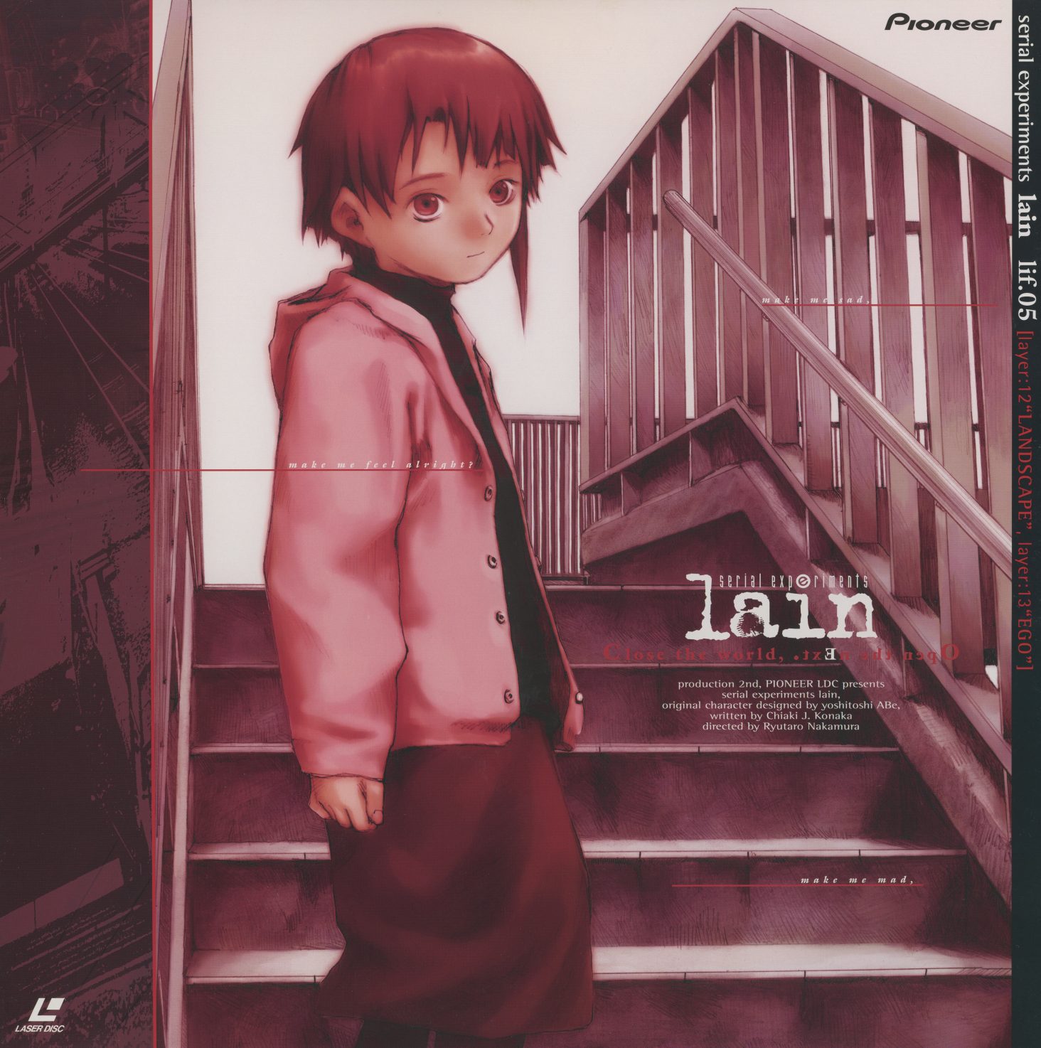 lif:05 jacket front. Pink and rust — Lain in a pink jacket on a stairway between floors. The final volume. The setting is transitional space — neither here nor there. PILA-1505. Layers 12-13: LANDSCAPE, EGO.