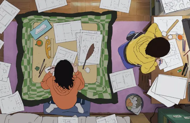 Fujino and Kyomoto drawing together in Fujino's room — the scene the exhibition's photo areas reconstruct at life scale
