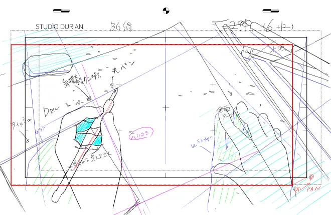 Cut layout for the drawing sequence — first-person perspective, Studio Durian production paper with timing annotations in red and blue
