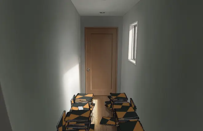 The recreated corridor — stacked sketchbooks leading to Kyomoto's door, production architecture made physical