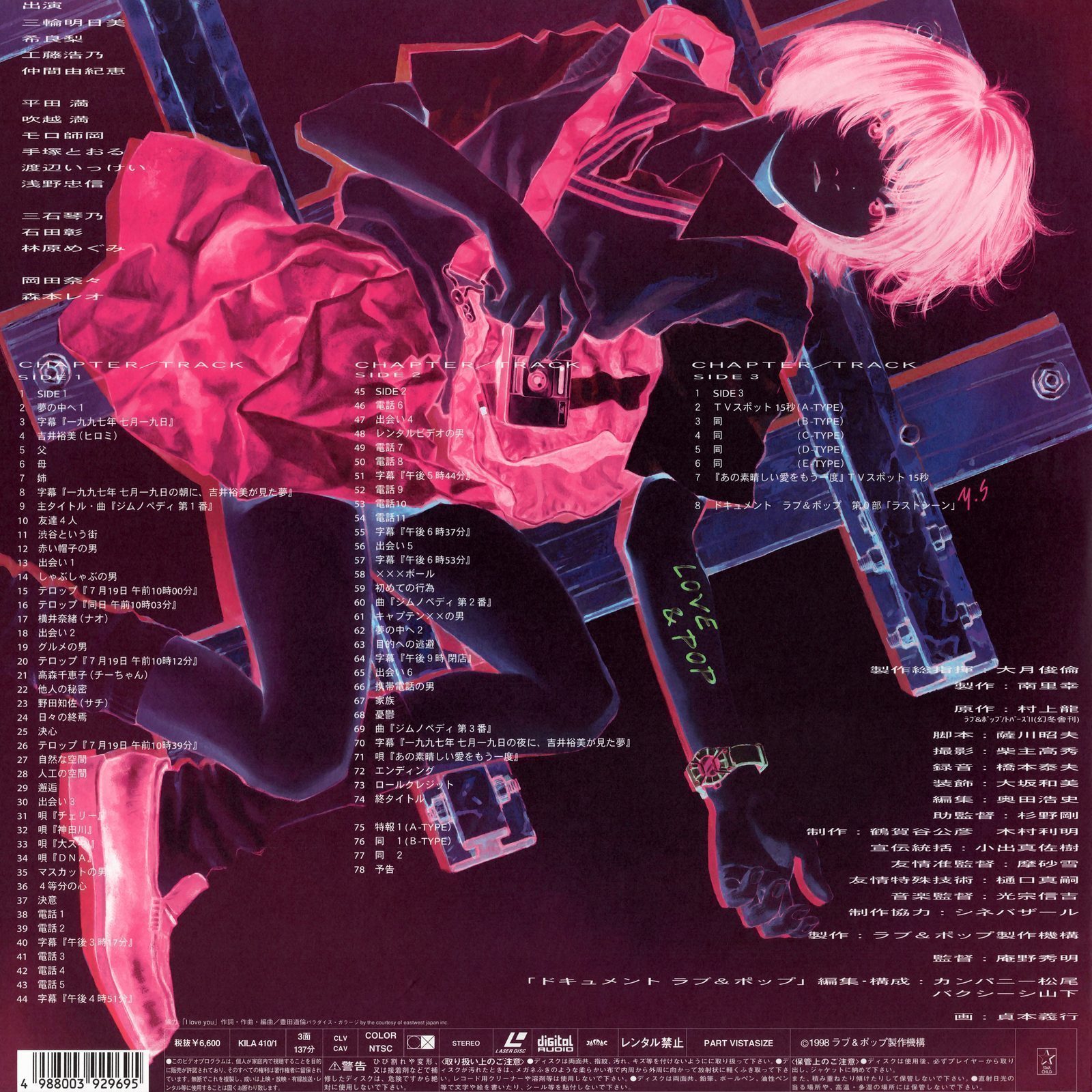 Gatefold interior, right panel — additional production photography and scene stills from the Shibuya location shoots. The still selection emphasizes the film's handheld DV texture rather than conventional promotional angles.