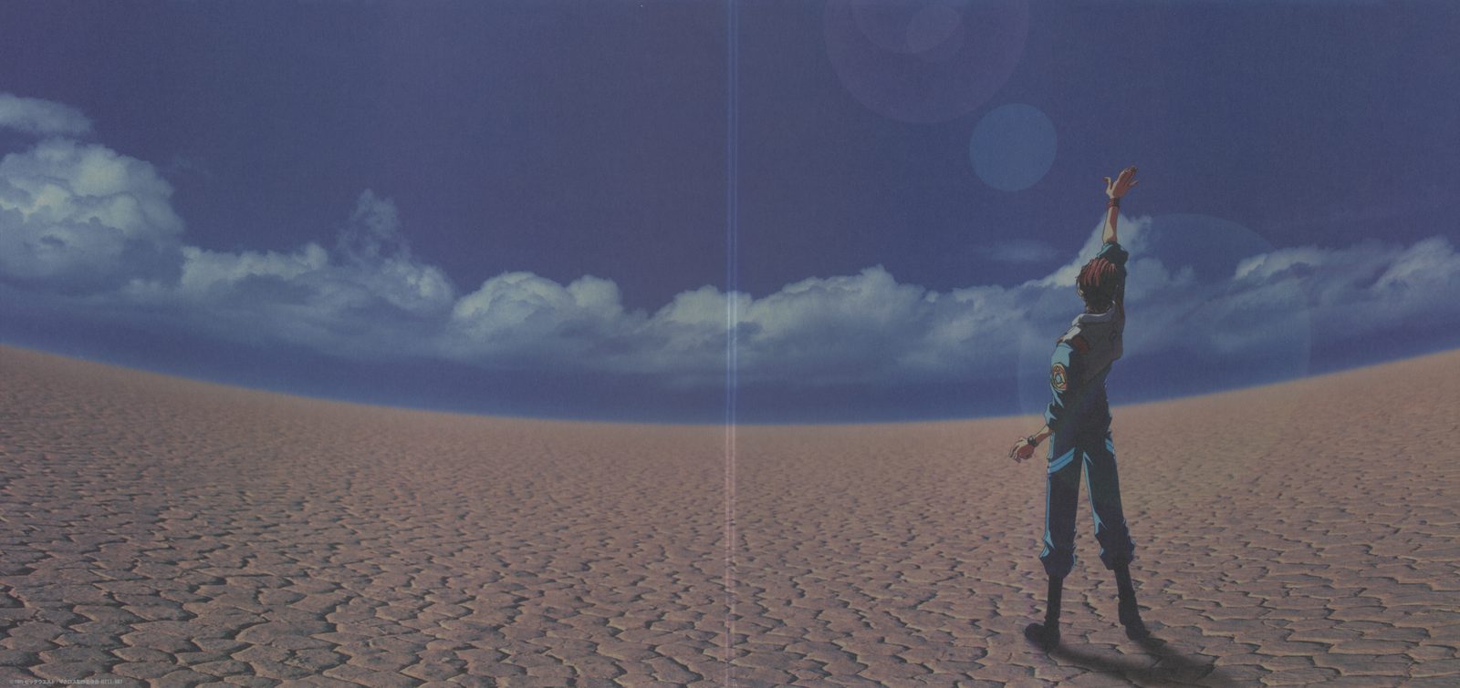 Movie edition gatefold interior. Myung Fang Lone stands alone on a cracked salt flat under a night sky, one arm raised. Eden's test range terrain — the setting for the entire OVA — stripped of every aircraft that defines it.