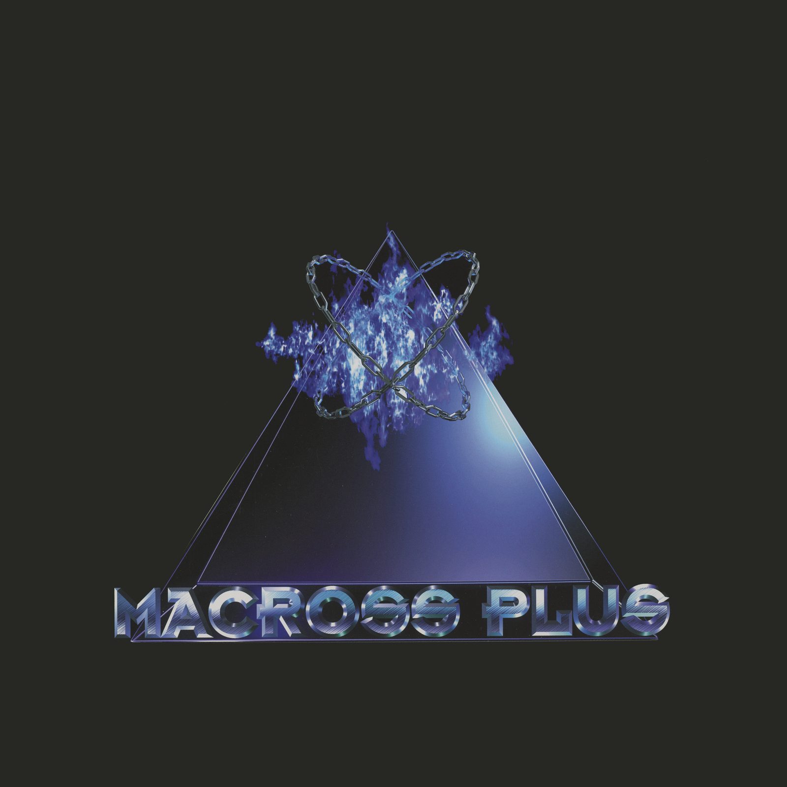 Movie edition, Macross Plus jacket face. The same pyramid composition as the Sharon Apple face — chained figure, triangle form — rendered in cold blue. Same structure, different temperature.
