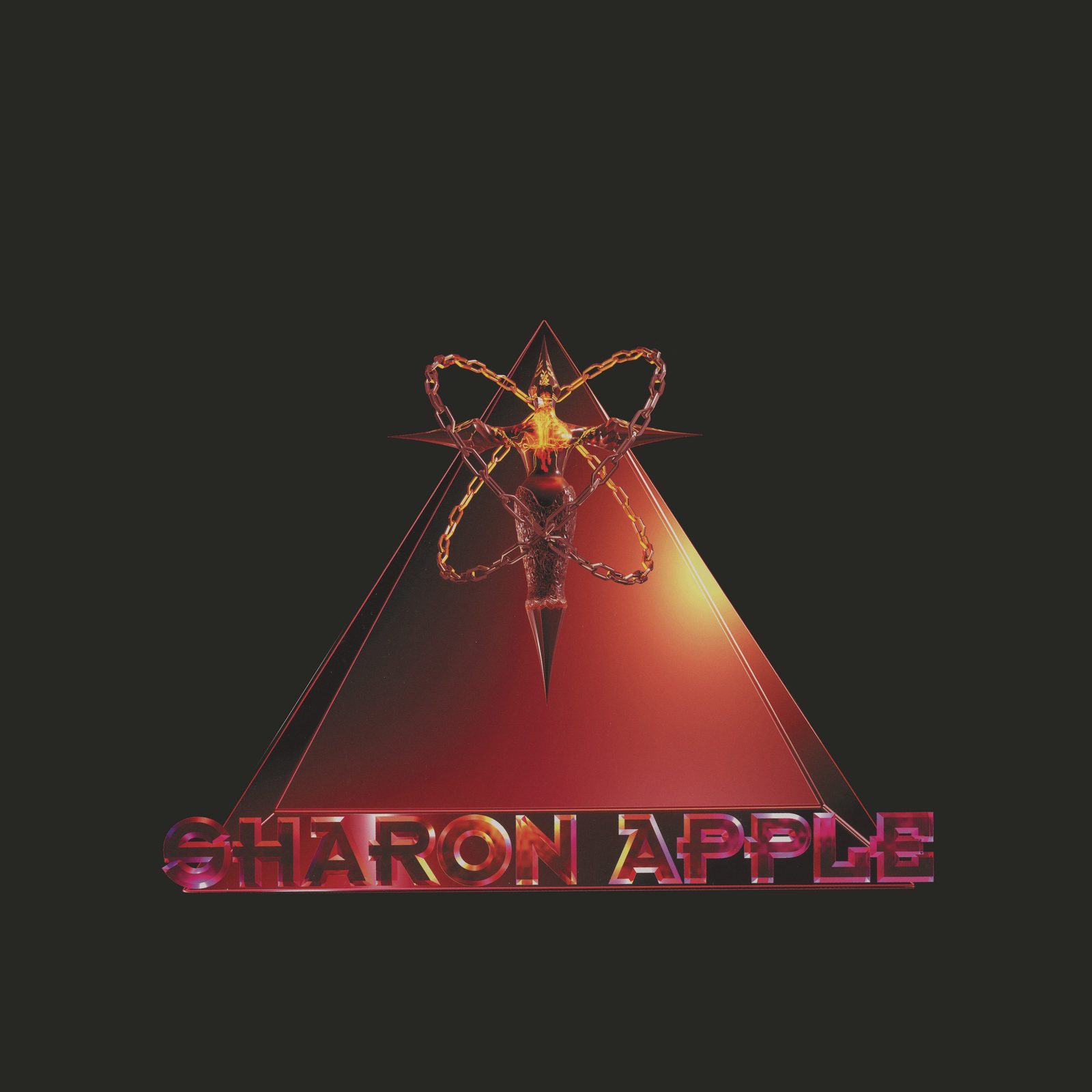 Movie edition, Sharon Apple jacket face. Pyramid, chained figure, warm red and amber gradients. SHARON APPLE in chrome type.