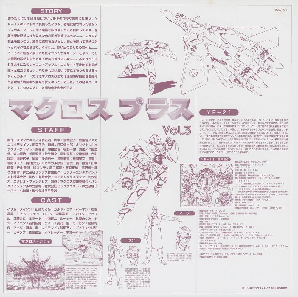 Vol.3 liner notes insert (BELL-706), printed in yellow-green on white stock. YF-21 technical detail sections continue from Vol.2; Yan the bartender design sheet at lower left. Mechanical animation director: 佐山善則. The insert extends the production documentation across the full cast appearing in this episode.