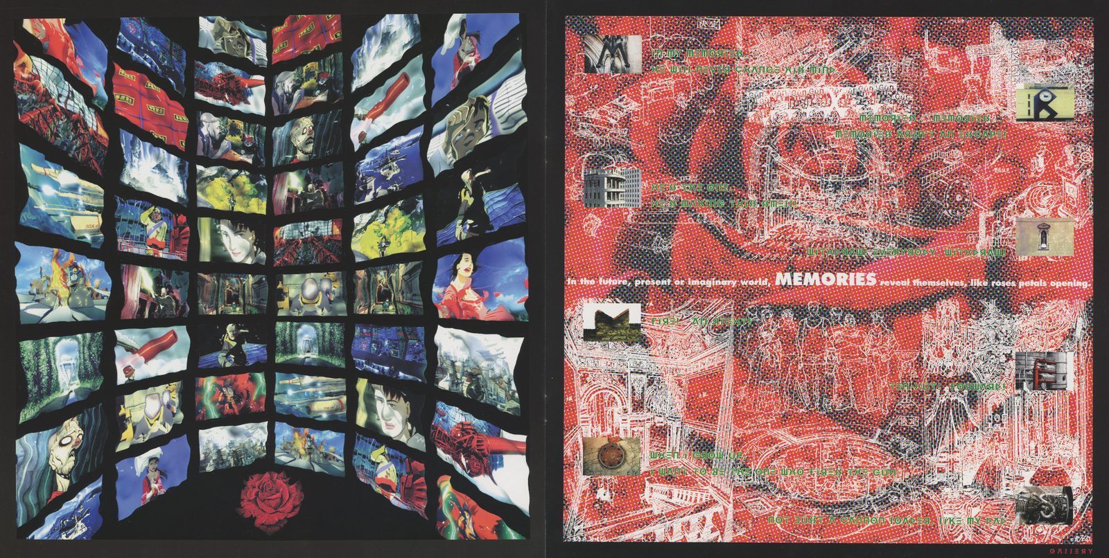 Booklet — Closing spread. Left page: film stills arranged in a curved perspective montage, like a private screening room's curved wall, with a red rose at the bottom. Right page: dense red textile-pattern ground with MEMORIES tagline text and small stills. The booklet ends by looking back at what it has documented.