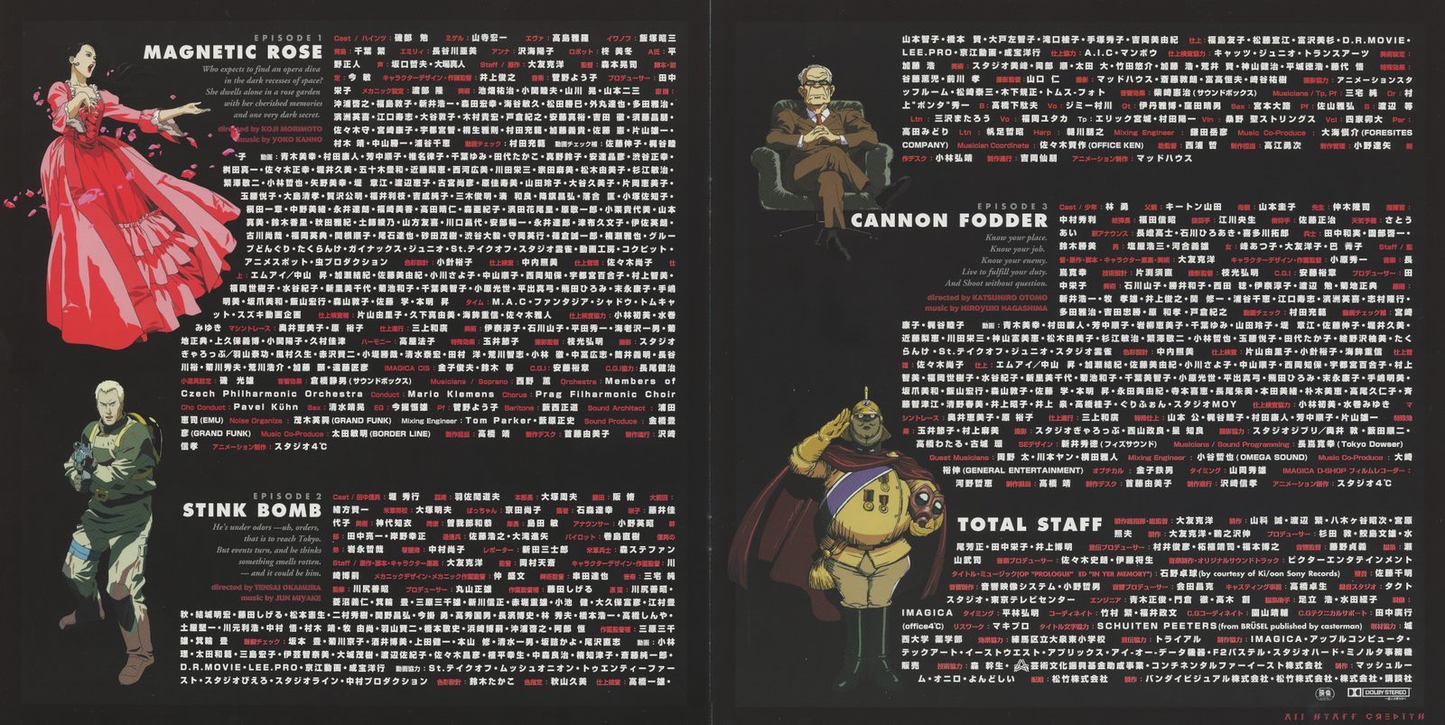 Booklet — Full production credits spread. Left page: Eva Friedel character art (Magnetic Rose) + MAGNETIC ROSE credits + STINK BOMB credits. Right page: child soldier character art (Cannon Fodder) + CANNON FODDER credits + TOTAL STAFF combined list. All four credit blocks, all three episode key figures, on one opening.