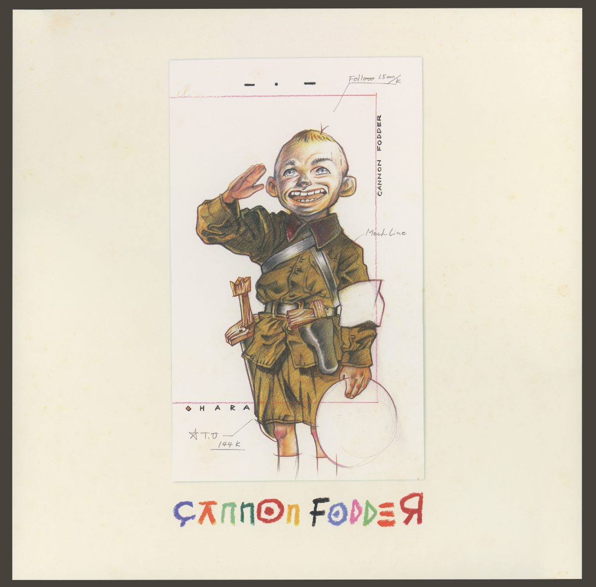 Disc 3 jacket — Cannon Fodder (大砲の街). The child soldier character in a character design illustration, production annotations visible, typeset "CANNON FODDER" below. Where the other two jackets commissioned key art, this one hands you the animator's reference document. Director and writer: Katsuhiro Otomo.