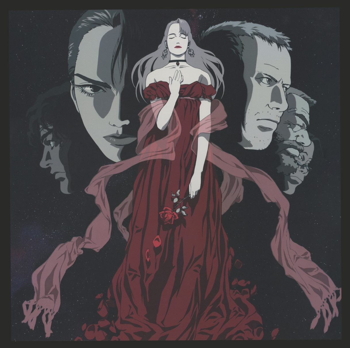 Disc 1 jacket — Magnetic Rose (彼女の想いで). Eva Friedel in red dress, center frame; male figures in grey portrait tone flank her. Painted, operatic, romantic. Director: Koji Morimoto. Script: Satoshi Kon, adapting his own manga story.