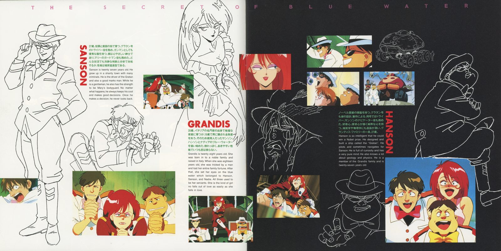 Sanson, Grandis, and Hanson — the comic relief trio who become genuinely heroic. Settei turnarounds showing Grandis's multiple costume changes. Scene screenshots capturing both the comedy register and the moments where the characters outgrow it.