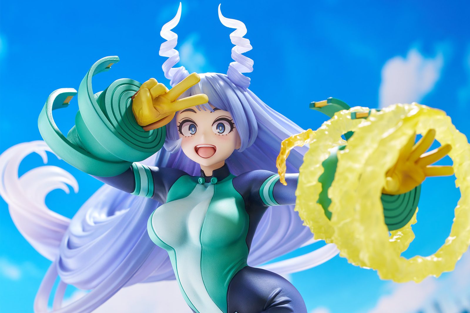 Side profile — pink and blue spiral waves framing the figure. Yellow energy rings at both hands.