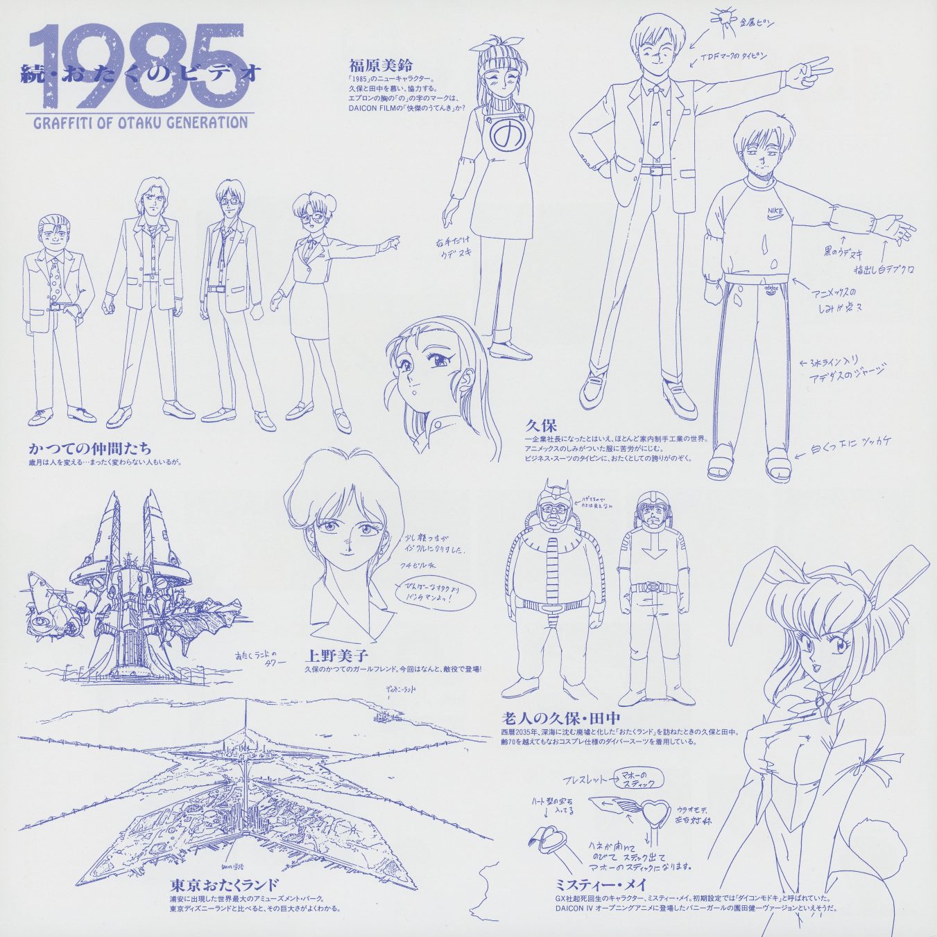 1985 liner insert — settei side, printed in blue monochrome. Older versions of Kubo and his friends. Fukuhara Misuzu. 'Tokyo Otakuland' — the fictional theme park Kubo builds. Misty May — the in-universe anime character. And at the bottom: the elderly Kubo and Tanaka, still together, still otaku.