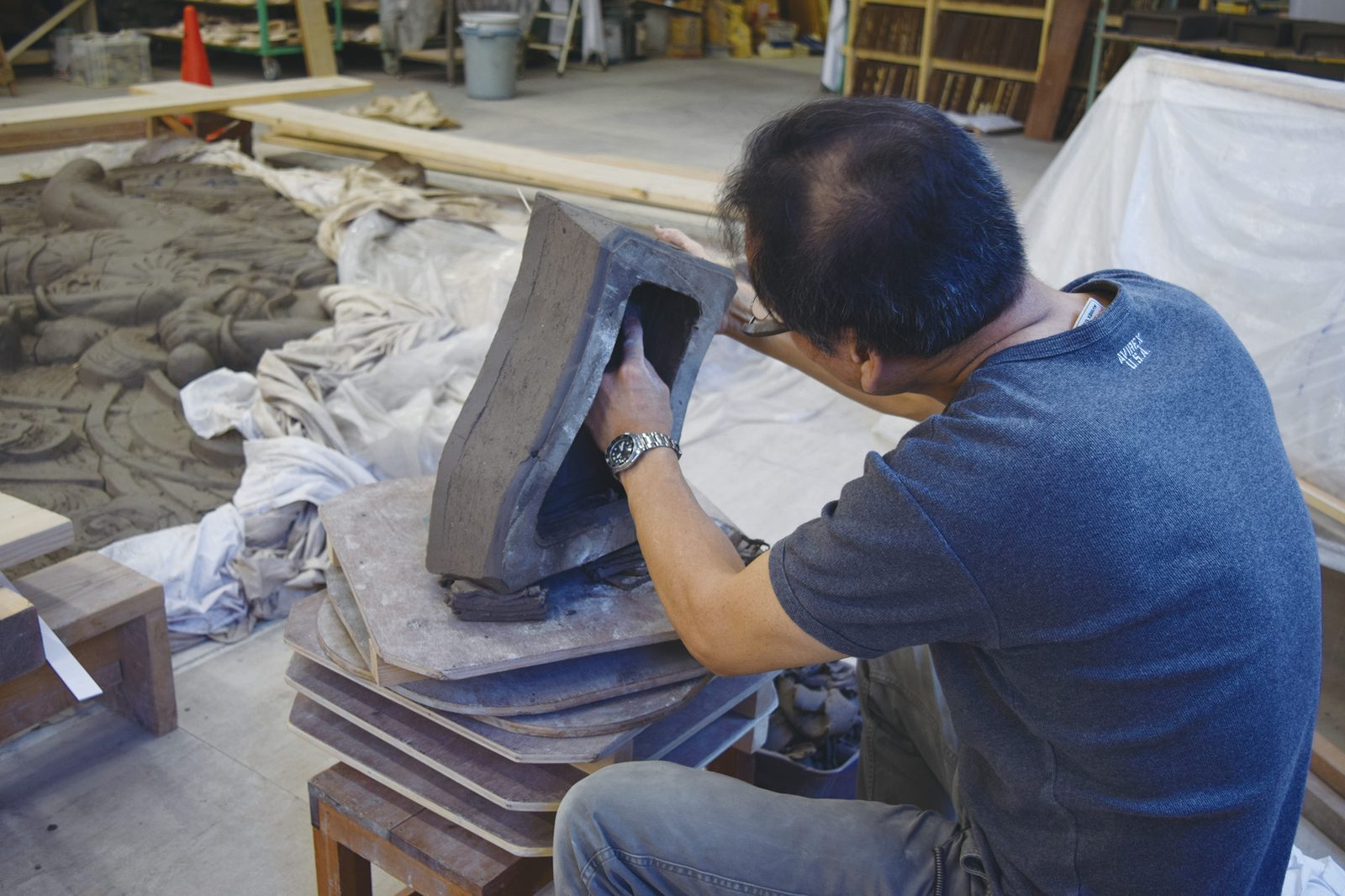 Hollowing the backside of a cut tile section &mdash; reducing weight while preserving relief depth