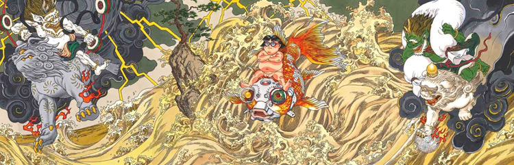 The full composition &mdash; Fūjin and Raijin flanking Kinka Dōji, designed specifically for the Sendai commission