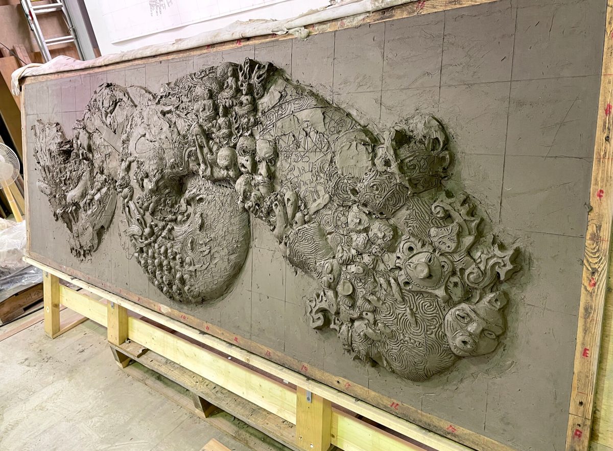 The full composition in unfired Shigaraki clay — before cutting into 164 individual tiles