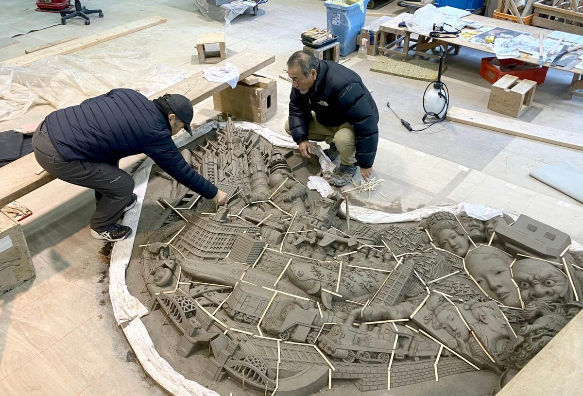 Cutting tile sections from the clay master