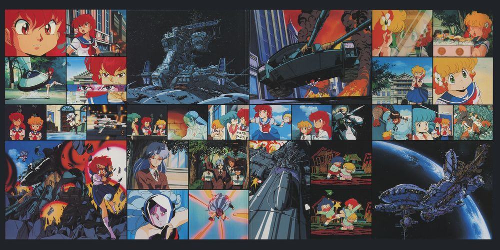 Inner gatefold — double-page panoramic spread, black background. Dense grid of production cels spanning the full film: A子 close-up portraits (multiple angles), action sequences, C子 scenes, B子 in battle, mecha and spacecraft against space backgrounds. 24+ frames, no text, no captions. The visual range of 森山ゆうじ's animation presented as a reference spread.