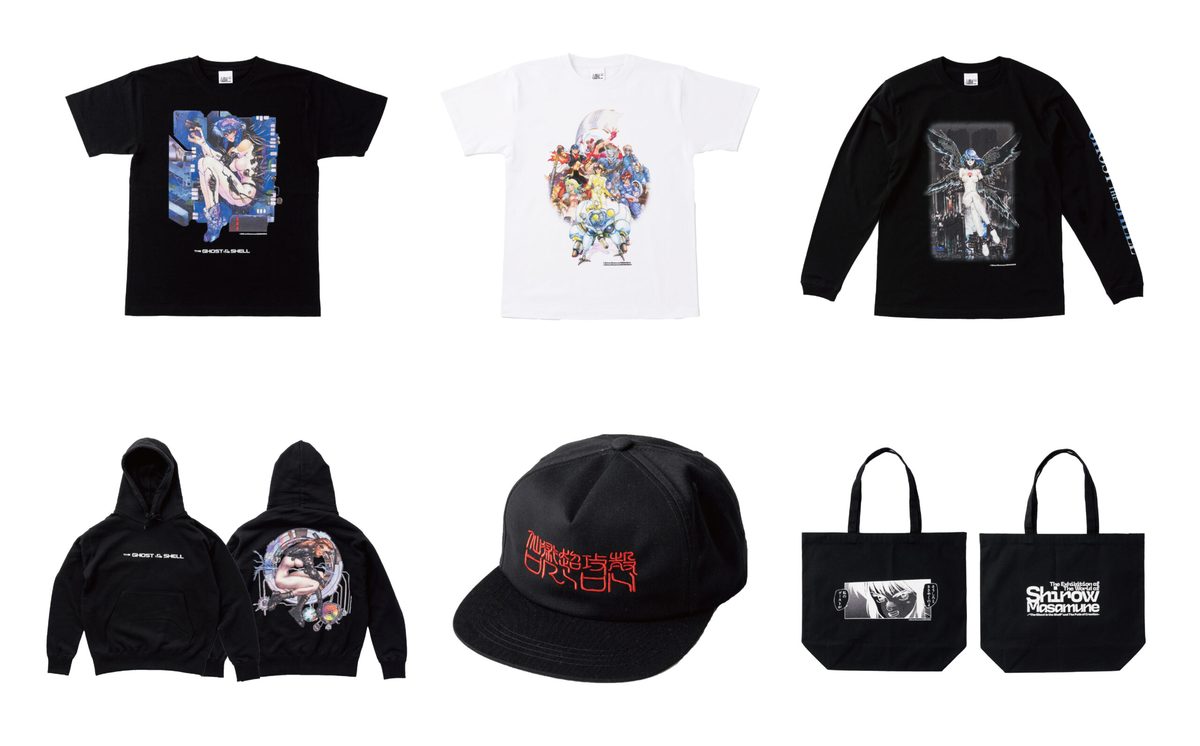 Exhibition merchandise &mdash; T-shirts, hoodies, cap, and tote bags featuring Ghost in the Shell, Appleseed, and Orion artwork