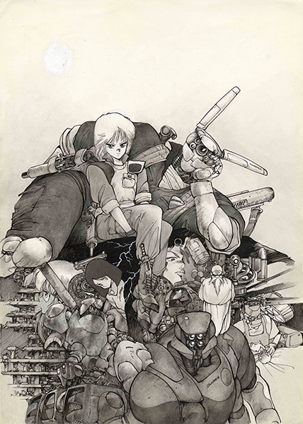 Original ink illustration &mdash; Shirow's analog-period draftsmanship, the multi-figure compositions and mechanical detail that defined his early career