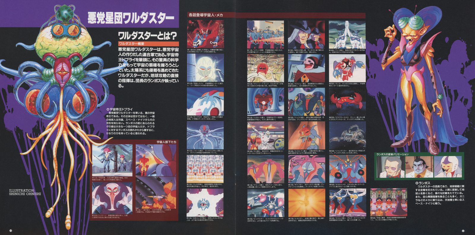 Booklet — 悪党星団ワルダスター (Villainous Star Cluster Waldaster). Left page: full-color illustration of the Waldaster entity — an enormous organic form, tentacled, rendered in violet and green — with a breakdown of the faction's structure and origin. Right page: a grid of film stills documenting each episode's Waldaster creature, plus a character illustration of the female agent Rans. Every enemy, catalogued.